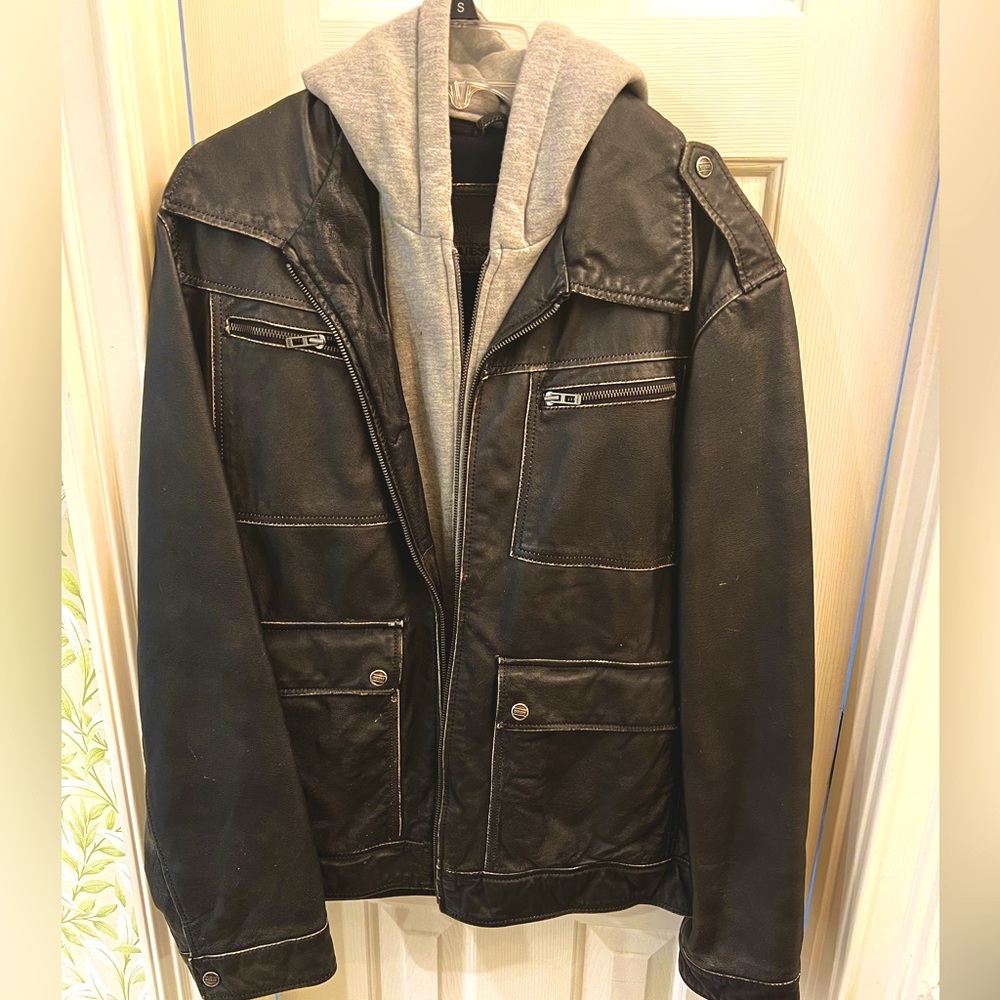 Genuine Leather Guess Bomber Jacket. Hood and gray lining are zip off.